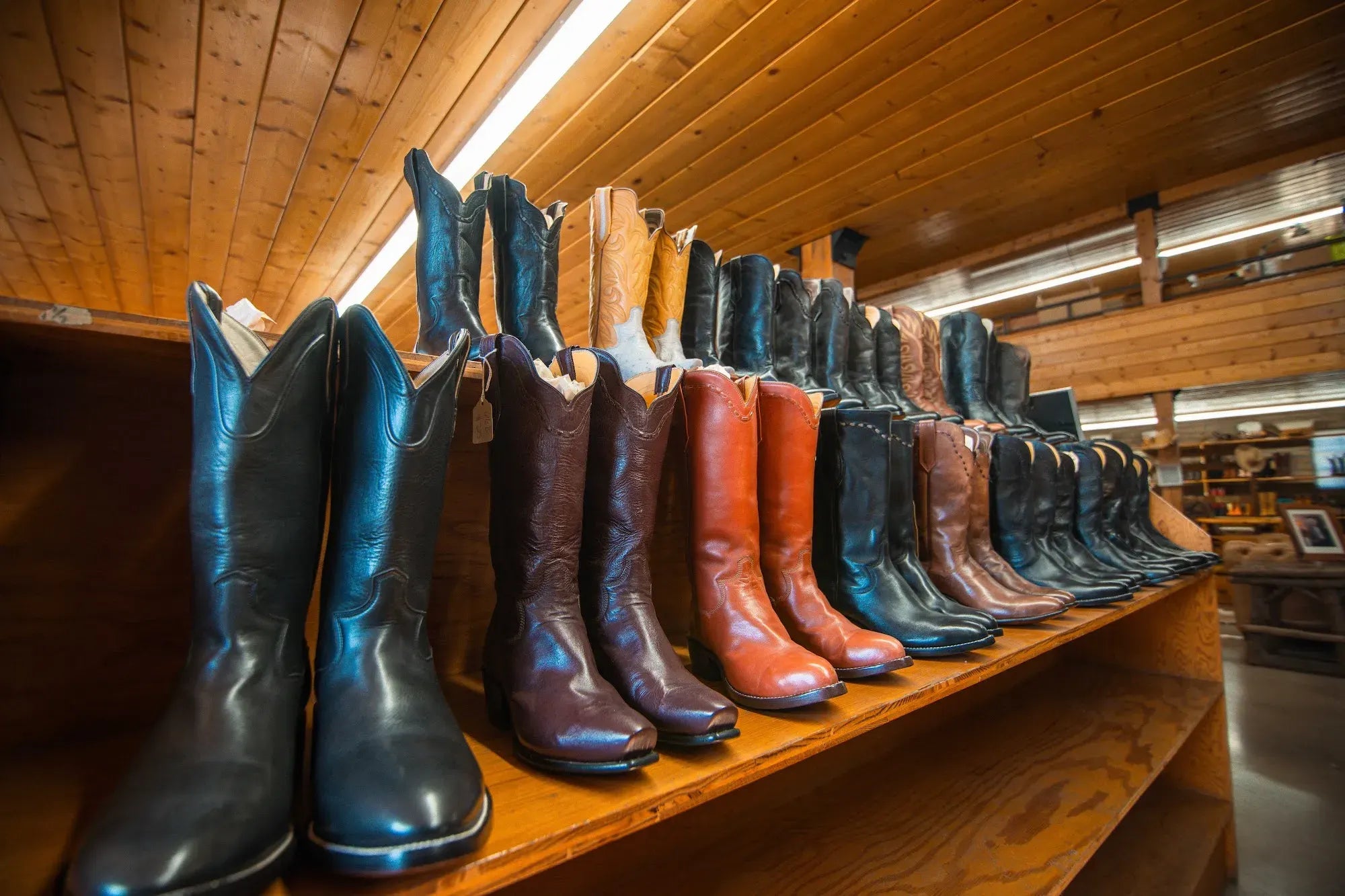 Rows of finished cowboy boots