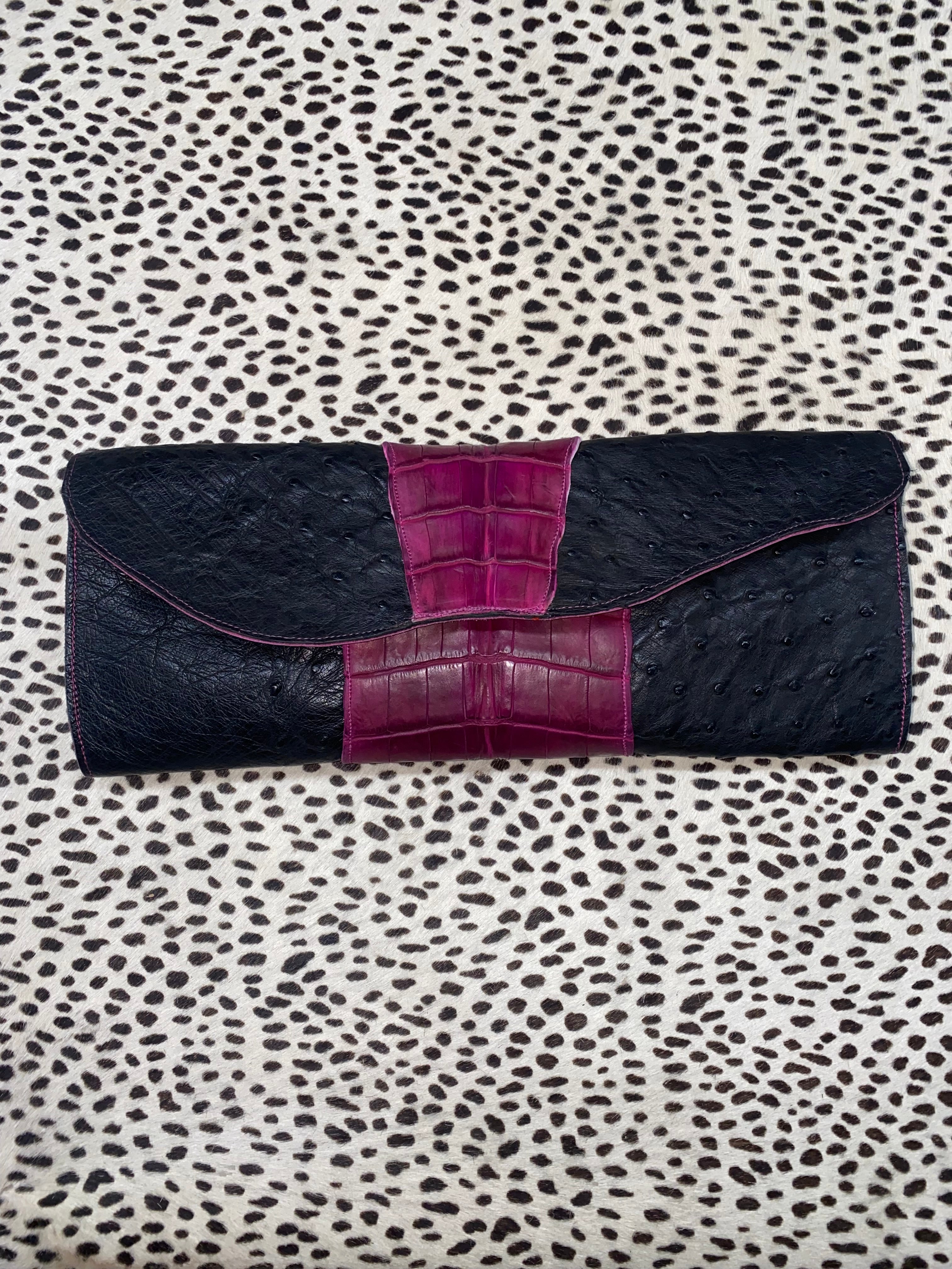 Black Ostrich w/ Magenta Alligator Clutch