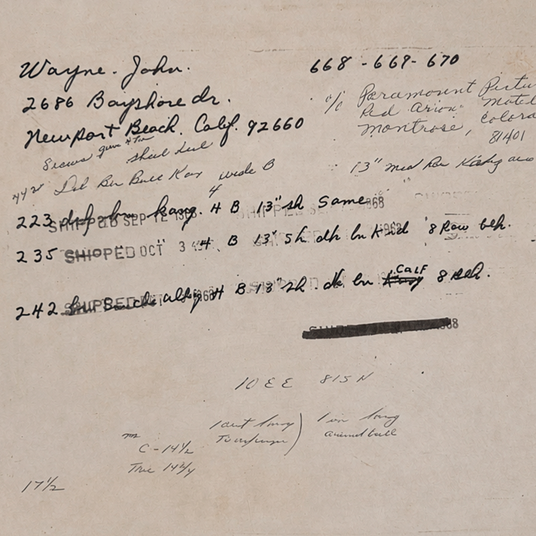 John Wayne's original Paul Bond order card with handwritten measurements