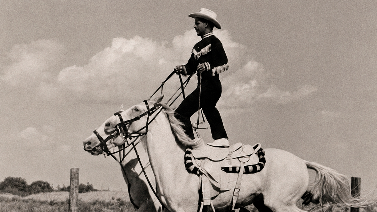 Paul Bond trick riding, standing on a white horse