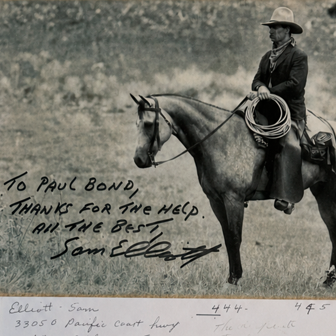 Signed photograph of Sam Elliott on horseback, inscribed to Paul Bond