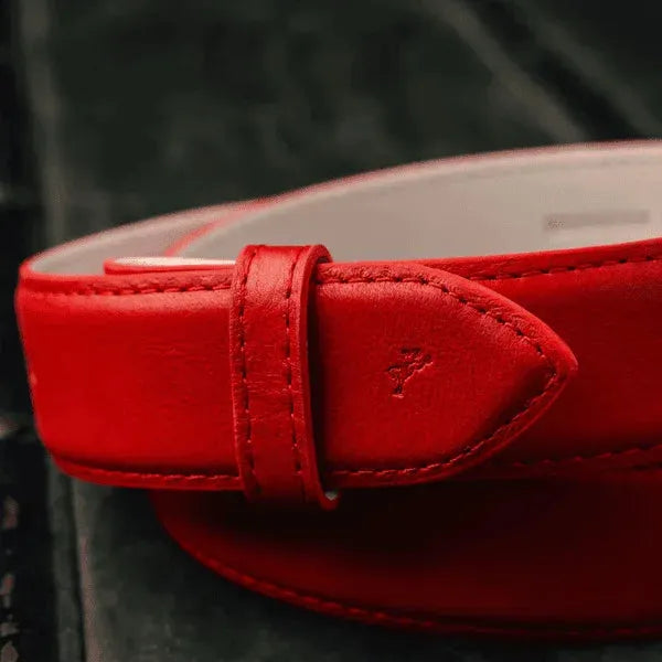 A red Paul Bond leather belt