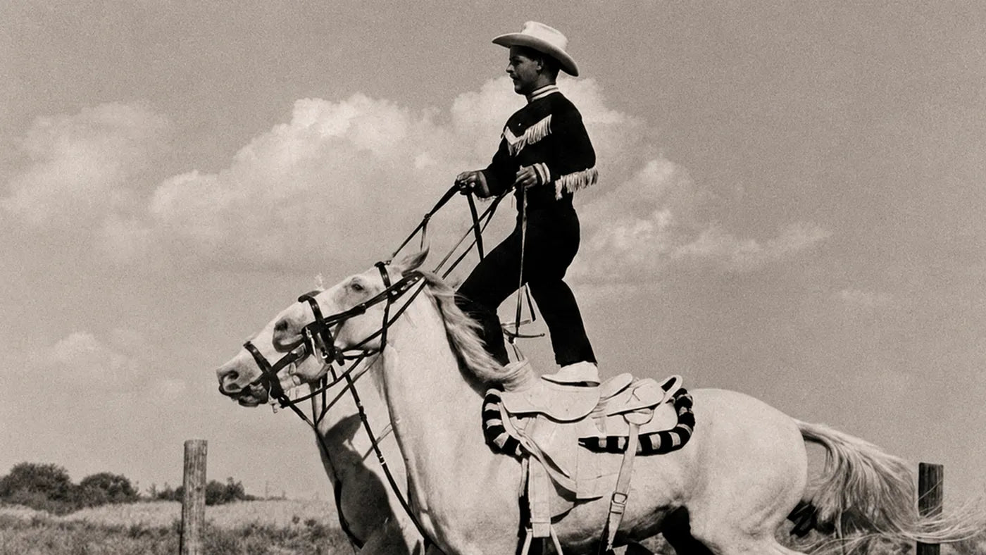 Paul Bond trick riding, standing on a white horse, vintage photograph
