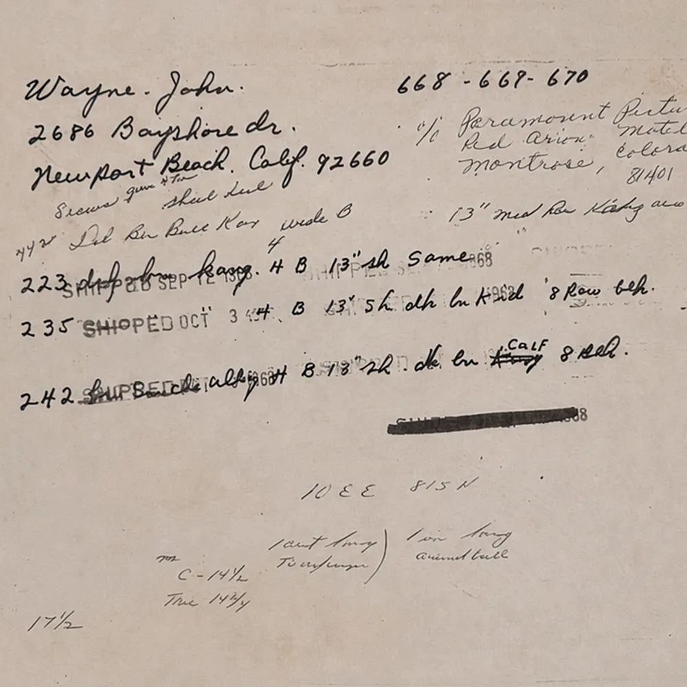 John Wayne's original Paul Bond order card with handwritten measurements